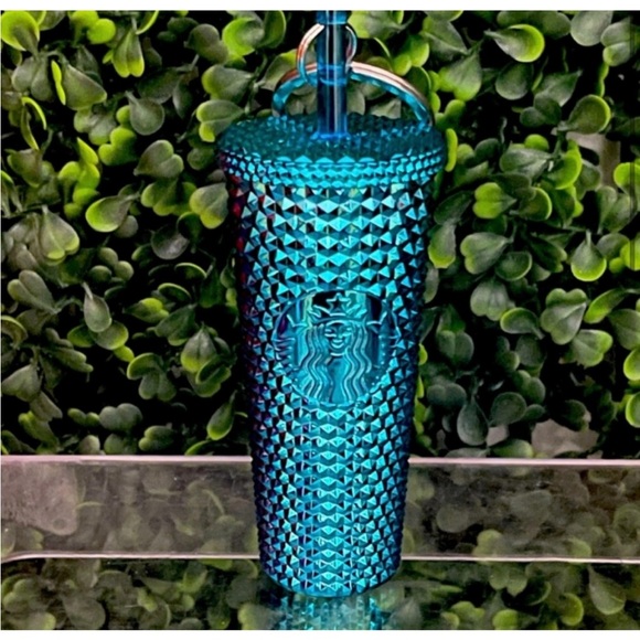 Starbucks Blue Metallic Chrome Studded Tumbler Cup 24oz & Keychain Ornament 2pc - Picture 5 of 9